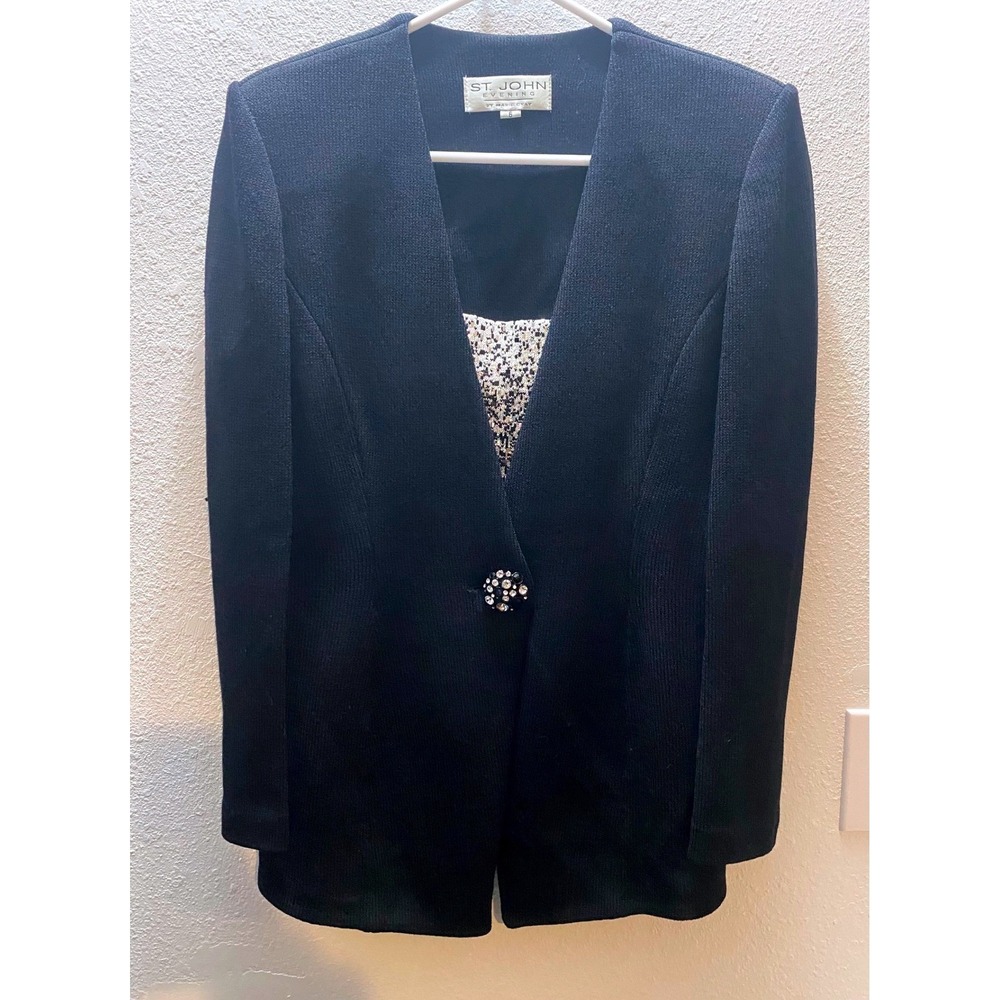St John Evening Blazer Women‎ 6 Black Excellent Sequin Insert Crystal Button